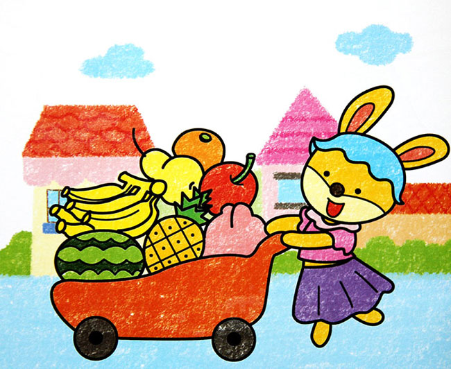 儿童绘画作品小兔子的水果车-儿童油画棒作品