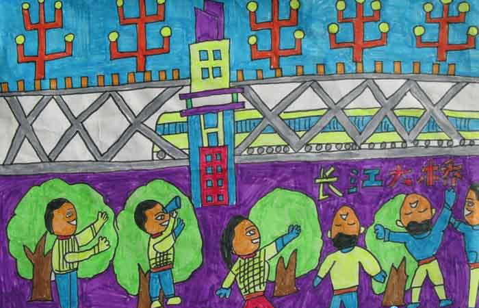 儿童画美丽的长江大桥