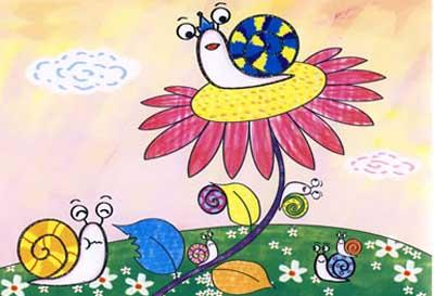 儿童画向日葵上的蜗牛