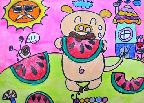 儿童画吃西瓜的小猪