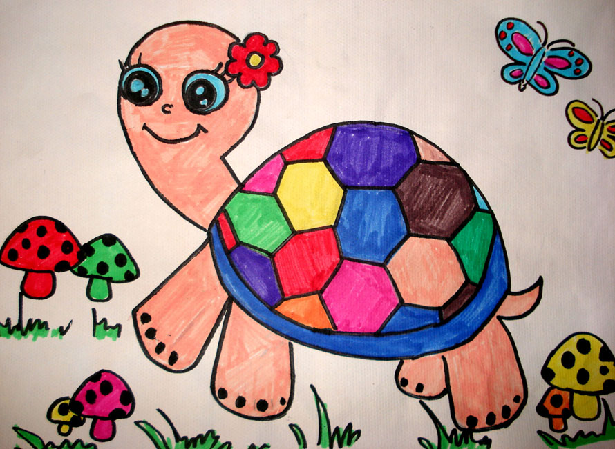 儿童画七彩龟壳小乌龟
