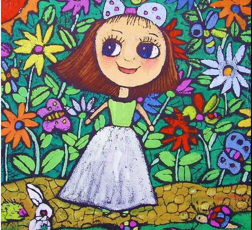 儿童画花丛中的小女孩