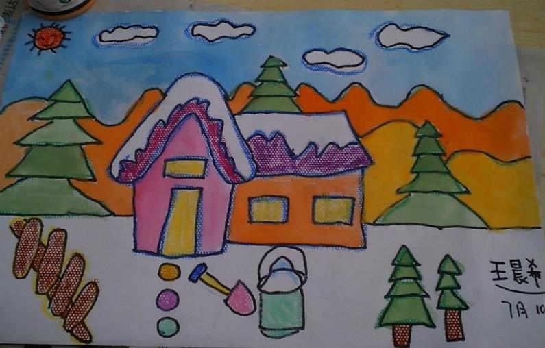 简单风景画水彩图片    2.儿童蜡笔画图画作品    3.