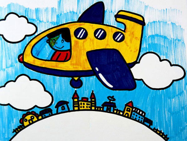 小飞机上天空儿童画_六一儿童网_(手机版)
