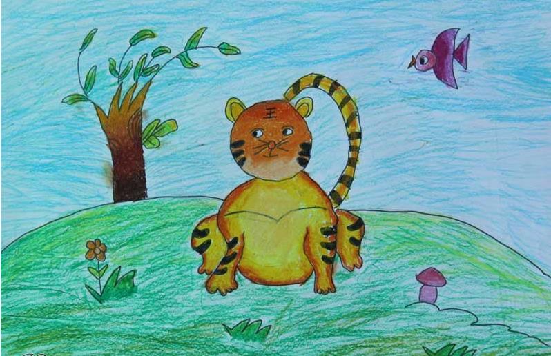 今天小编为小朋友们带来了一幅非常好看的老虎蜡笔画.