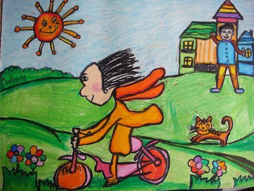 儿童画 骑单车