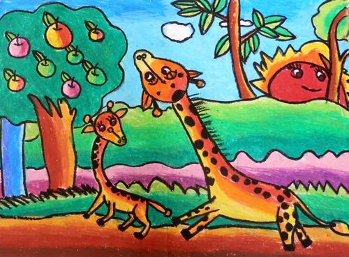 儿童画长颈鹿吃苹果_六一儿童网