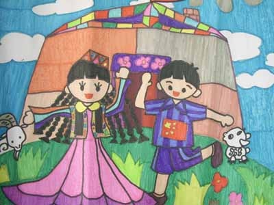 和维吾尔族的小朋友一起跳舞儿童画_六一儿童网_(手机