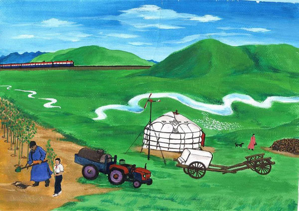 绿色的草原与蒙古包儿童画_六一儿童网_(手机版)