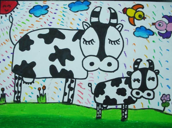 儿童画两头小奶牛