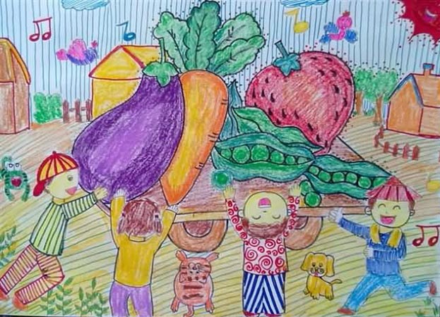 儿童画巨大的蔬菜