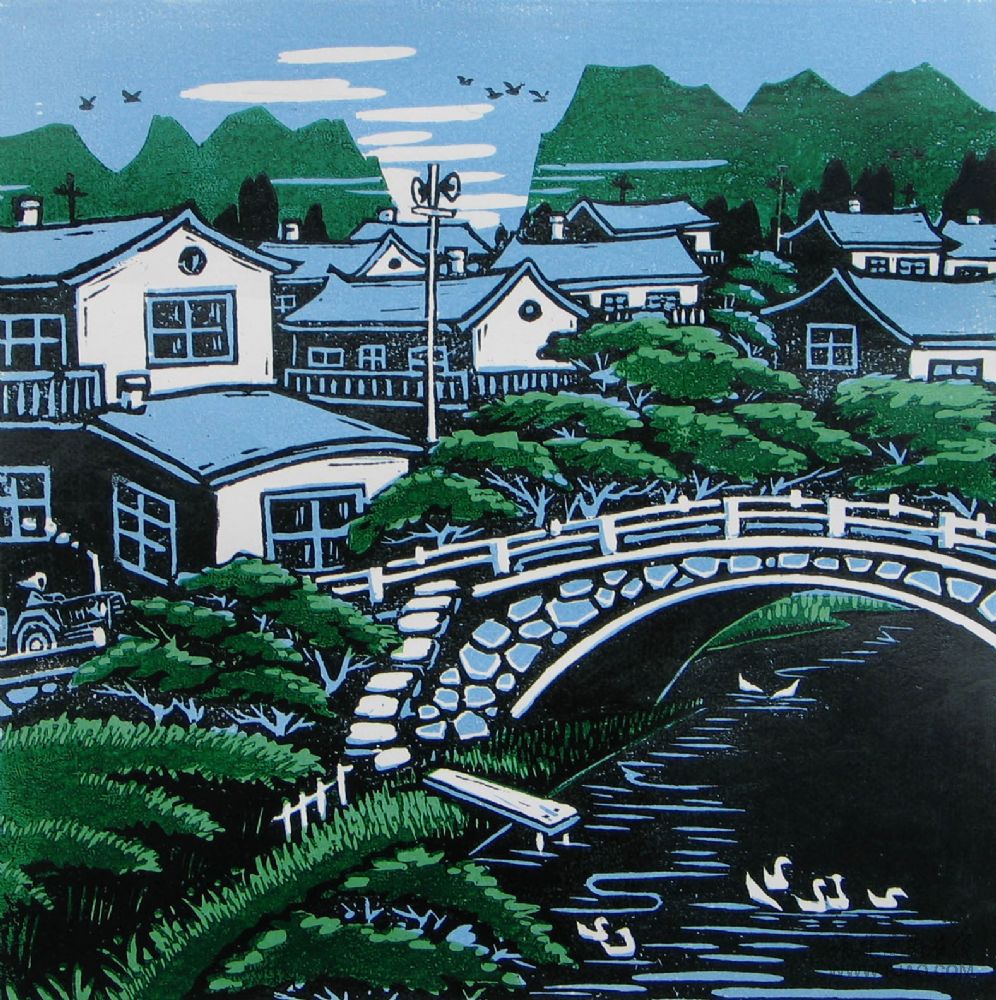 小桥流水木刻版画