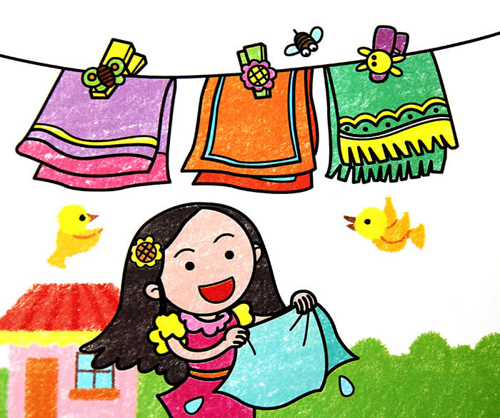 <em>儿童画</em>晾毛巾的<em>小姑娘</em>
