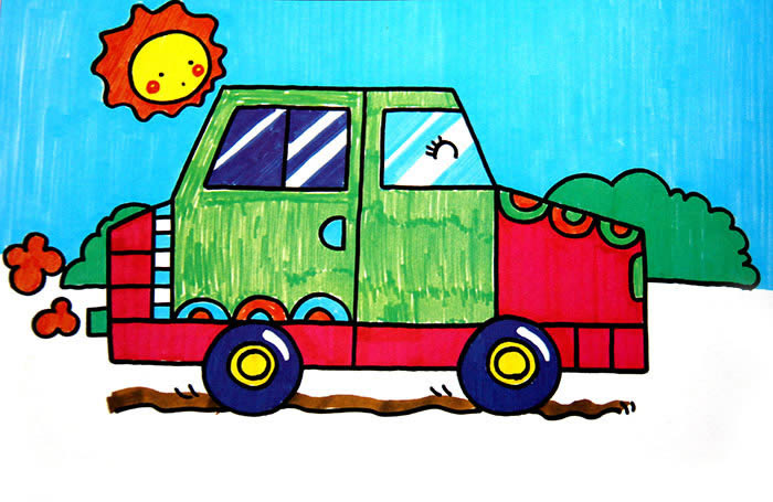 儿童画快乐的汽车