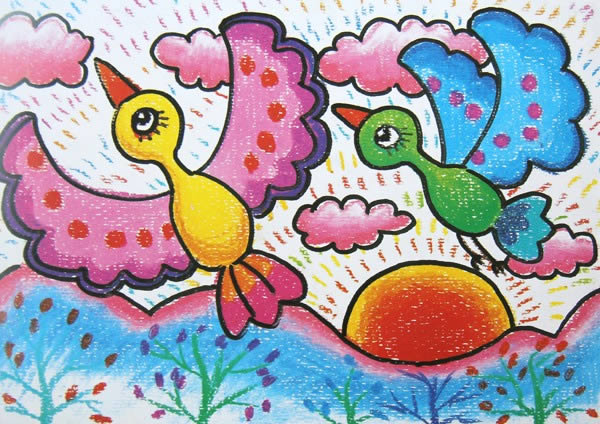 儿童绘画作品飞翔的鸟儿-油画棒-小鸭子儿童乐园ducks