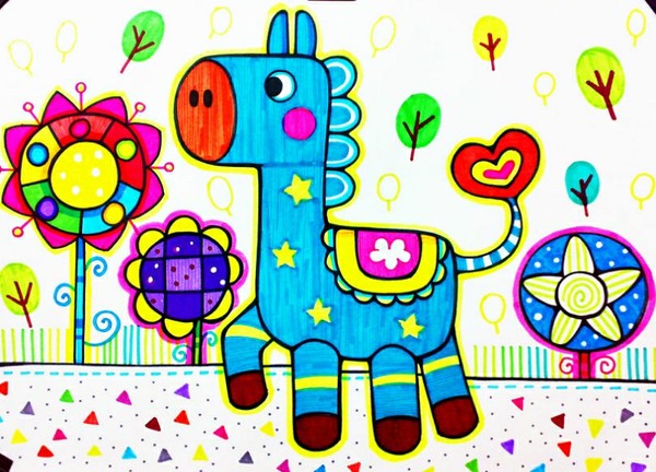 儿童画可爱的花毛驴动物水彩画作品欣赏