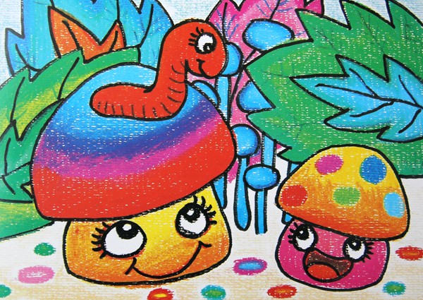 儿童绘画作品小虫和蘑菇-油画棒-小鸭子儿童乐园littleducks.cn